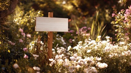 Empty wooden sign in a garden setting