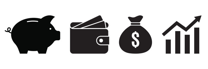 Finance icon set, Business icons. Wallet. Growth chart. Piggy bank. Money bag flat style silhouette, Vector Illustration