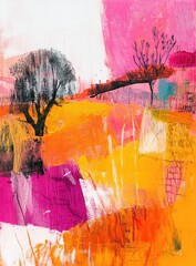 Abstract landscape. Vibrant colors, layered brushstrokes, depict a field with trees