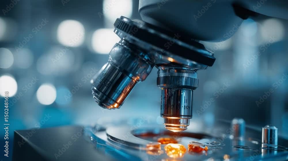 Poster microscope in a lab: a close-up view of a laboratory microscope, highlighting the intricate details 