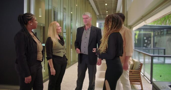 Manager introducing team members in modern office hallway, diverse group of professionals standing in line for informal introduction and workplace conversation