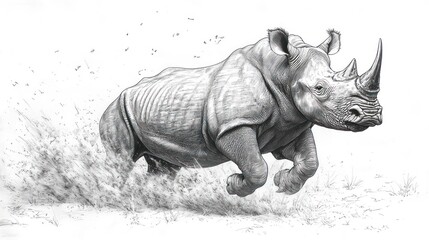 A majestic white rhinoceros charging through tall grass, depicted in a detailed pencil sketch.
