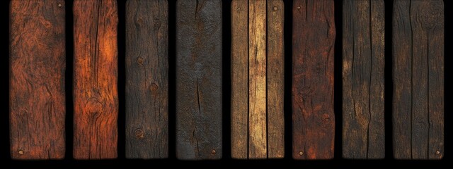 A row of seven weathered wooden planks, each with unique grain patterns and color variations