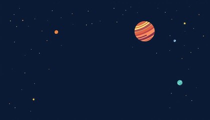 Minimalist flat space design, dark blue background with scattered small stars and planets, vector, simple