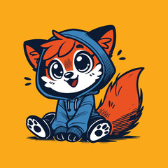 Happy cartoon fox wearing a blue hoodie, sitting cutely with a joyful expression on a bright background.