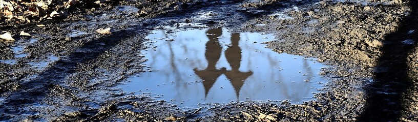 Obraz premium Puddle reflection, muddy ground, trees