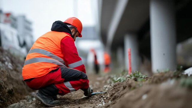 Dedicated Construction Worker in Safety Vest and Helmet Digging in Dirt at Infrastructure Site, Showcasing Labor and Focus on Construction Projects