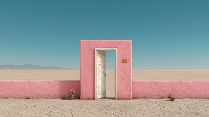 Surreal Pink Doorway in Endless Desert Landscape with Cracked Earth and Clear Blue Sky