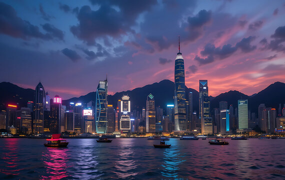 A vibrant twilight cityscape with skyscrapers reflecting off the harbor. Junk boats sail past, and the iconic skyline lights up against the Victoria Peak backdrop.