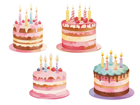 Cake cream watercolor hand drawn vector drawing painting birthday with candles