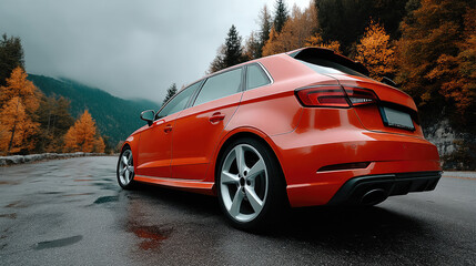 Naklejka premium Sleek Red Car on Scenic Autumn Mountain Road with Dramatic Fall Foliage