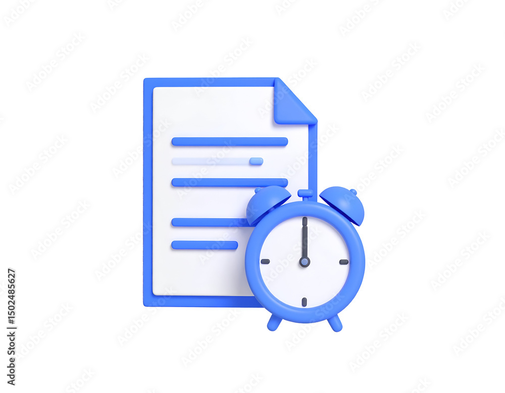 Poster 3d render of a document and alarm clock, symbolizing deadlines and time management