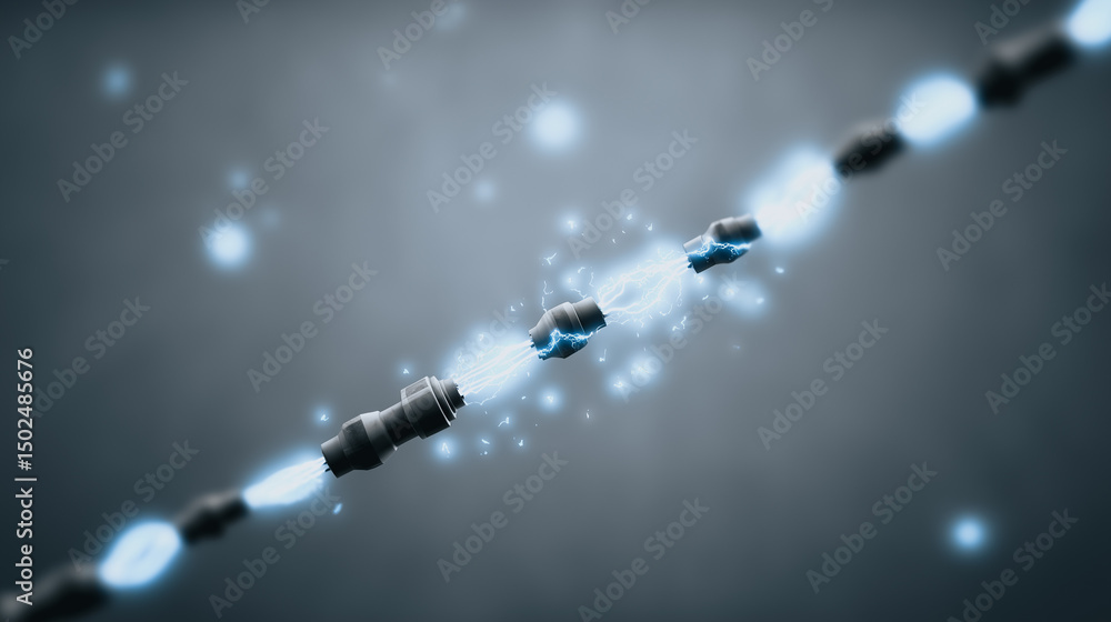 Poster synaptic transmission: microscopic view of a chain of neurons with a synapse firing, transmitting el