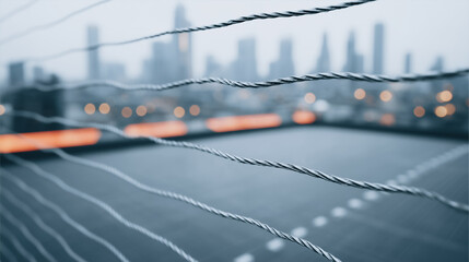 Urban Boundary: A modern cityscape is framed by a mesh of metal lines, blurring into the background to evoke a sense of the structured elegance of city life.