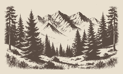 Vintage mountain landscape with pine forest, illustrated in rustic ink drawing style for nature and outdoor lovers.