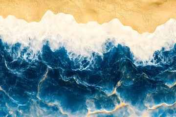 top-down view of the ocean, deep blue waves, crashing golden sand