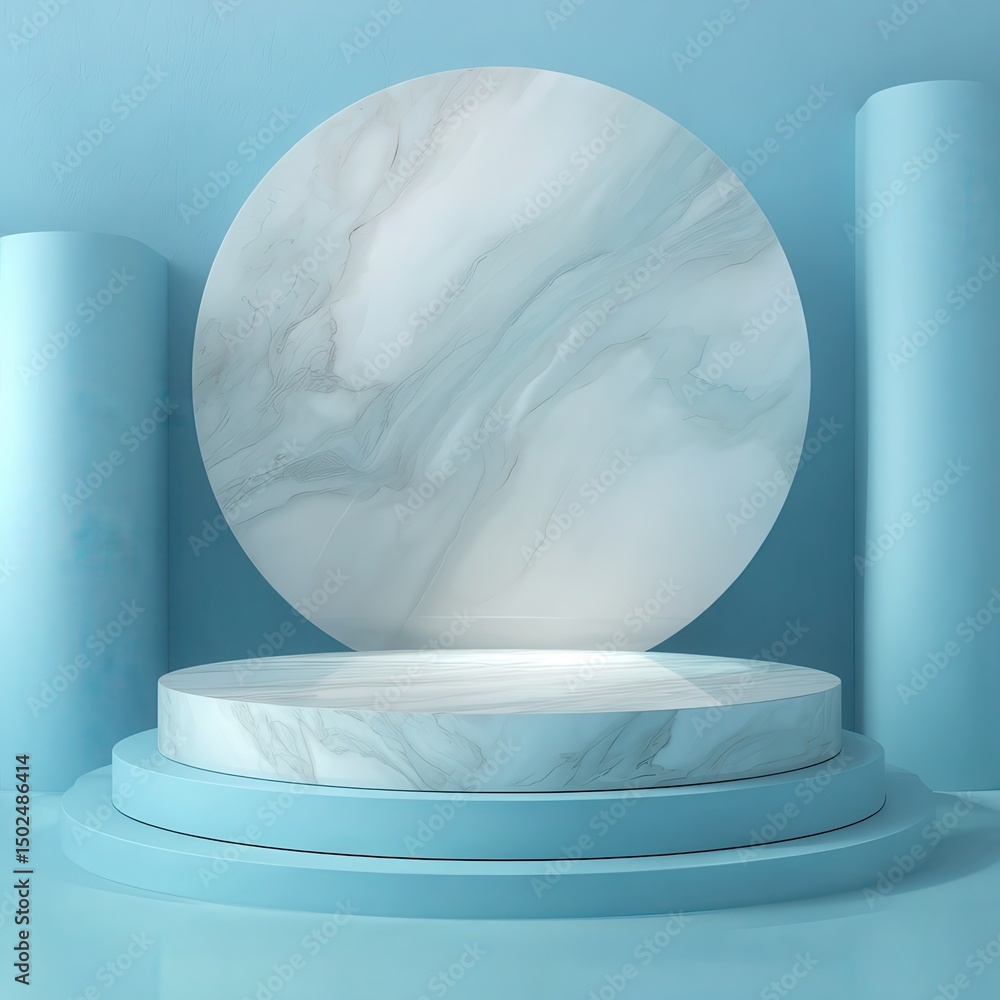 Poster 3d abstract background with marble pedestal. round frosted glass frame with plumber's sheets. minima