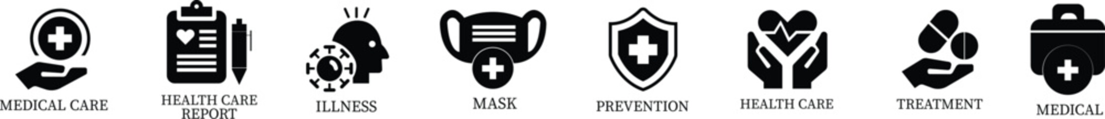 Health care icon set.Vector illustration in modern style of health related icon: mental health, healthcare, spa, medical, wellbeing, meditation, lifestyle, Medical Exam, Medicine, Hospital and more.