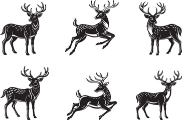 A diverse vector set of deer and reindeer animal silhouettes, ideal for wild nature and Christmas designs, featuring stags with prominent antlers and cute fawn illustrations