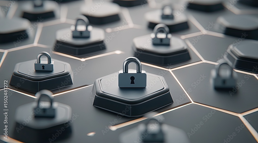 Poster secure hexagonal grid with padlocks. small, light gray padlocks sit atop dark gray hexagon platforms