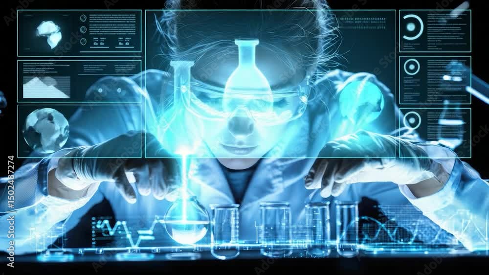 Poster Scientist working with beakers and projected data.