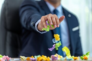 A businessman throwing crumpled paper in the air