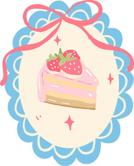 Strawberry Cake with Frame Illustration, Sweet Dessert Clipart, Vintage Bakery Art