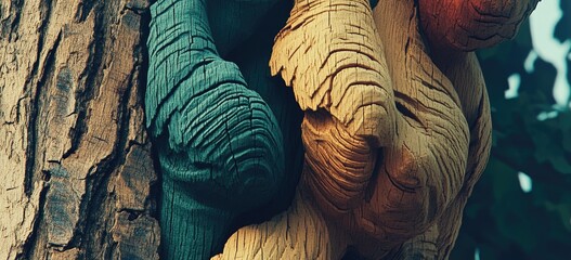Close-up of tree bark with textured carvings in teal, tan, and brown
