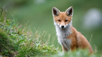 Fototapeta premium Young Fox Looking Around in Peaceful Meadow