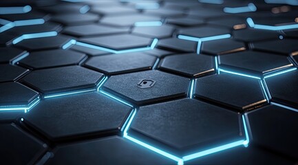Obraz premium Dark, hexagonal grid pattern with glowing blue accents. Close-up view showcasing intricate geometric design