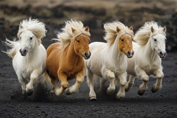 Obraz premium Four Icelandic horses galloping across a dark volcanic landscape