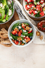 Different kinds of summer salads. Healthy lifestyle.