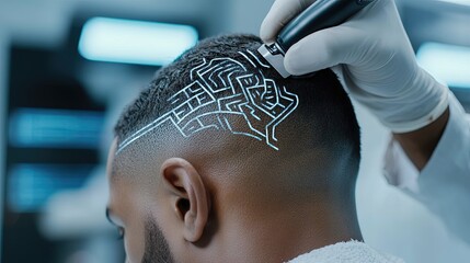 Close-up of a man getting a hair tattoo design shaved into his fade, with a futuristic barber shop in the background.