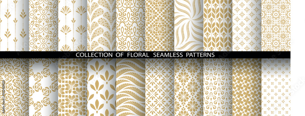 Poster geometric floral set of seamless patterns. white and golden vector backgrounds. damask graphic ornam