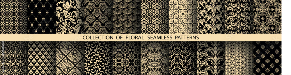 Poster geometric floral set of seamless patterns. golden and black vector backgrounds. damask graphic ornam