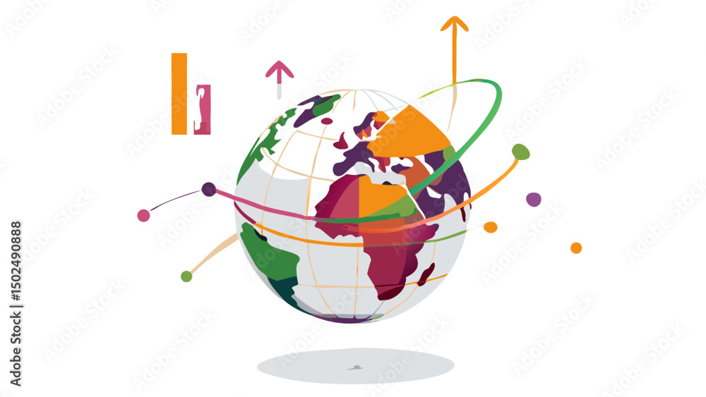Poster global connection represented by upward arrow and colorful lines encircling the earth on black