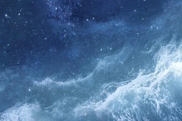 A deep blue ocean surface with a starry night sky background, featuring stars and the vast expanse of space above, creating an enchanting atmosphere for design projects. The blue.