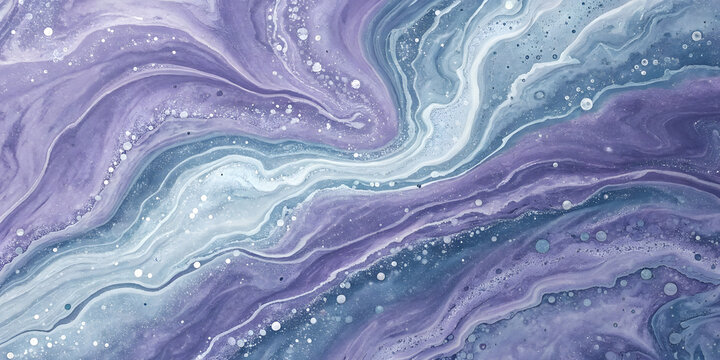 Fluid purple and blue marbled swirls create cosmic patterns with white bubbles scattered throughout, resembling flowing liquid paint or celestial nebula formations