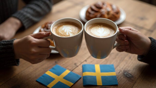 Fika in Sweden. Hands toasting with coffee mugs over Swedish flag napkins, cinnamon buns in background.