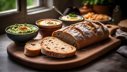 Sliced seeded whole grain bread with bowls of hummus, tzatziki, and pesto, artisanal board style