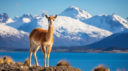 A majestic guanaco standing tall and admiring the breathtaking Andes mountains in the distance, with rugged peaks and snow-capped 