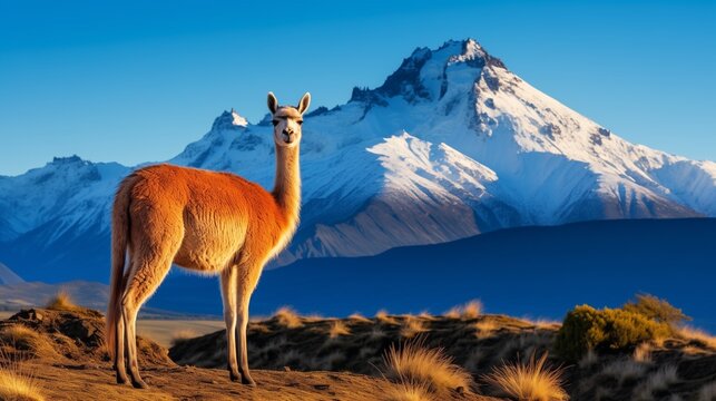 A majestic guanaco standing tall and admiring the breathtaking Andes mountains in the distance, with rugged peaks and snow-capped 