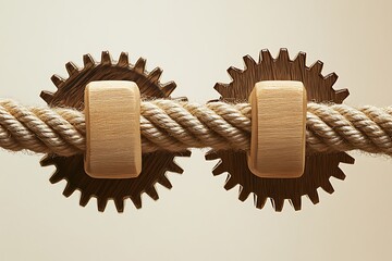 A conceptual image of two interconnected wooden gears held together by a thick rope, representing teamwork and synergy