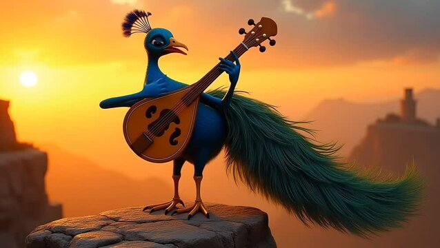 Cartoon peacock playing mandolin while standing proudly on high cliff during dramatic sunset with long feather tail flowing behind.