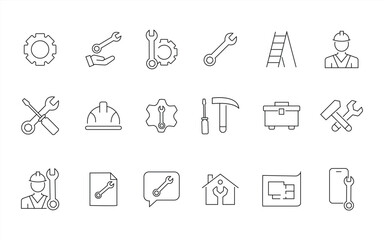 Repair web icons in line style. Engineer, maintenance, tools, support, collection. Vector illustration.