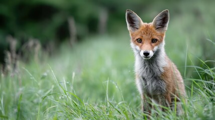 Fototapeta premium Playful Fox Cub in Vibrant Meadow Landscape
