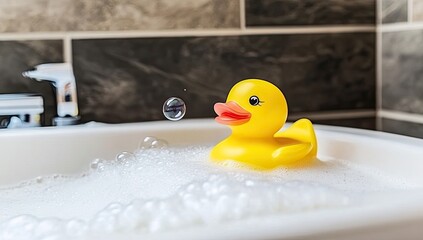 A yellow rubber duck floats in a white bathtub filled with bubbles, with a single bubble floating above the duck's head