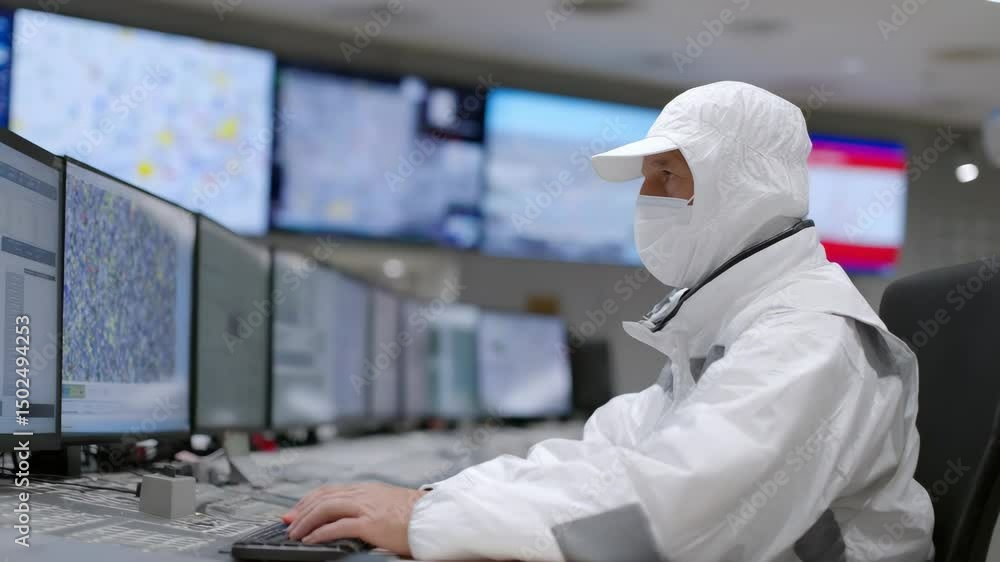 Aufkleber focused technician in cleanroom suit operates multiple computer monitors in high tech control room, 