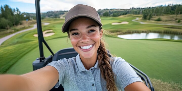 Smiling female golfer taking a selfie in a golf cart, with beautiful green landscapes and a lake behind her. 