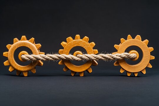 Wooden gears and rope symbolize teamwork, connection, and interdependence in a striking studio shot